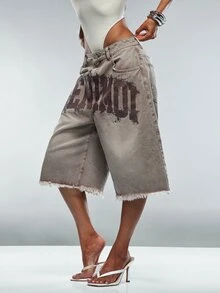 Denimoi Denim Verbiage Washed Jorts Fashionable Streetwear Fashion Jeans Concert Outfits Summer - Light Grey - View 4