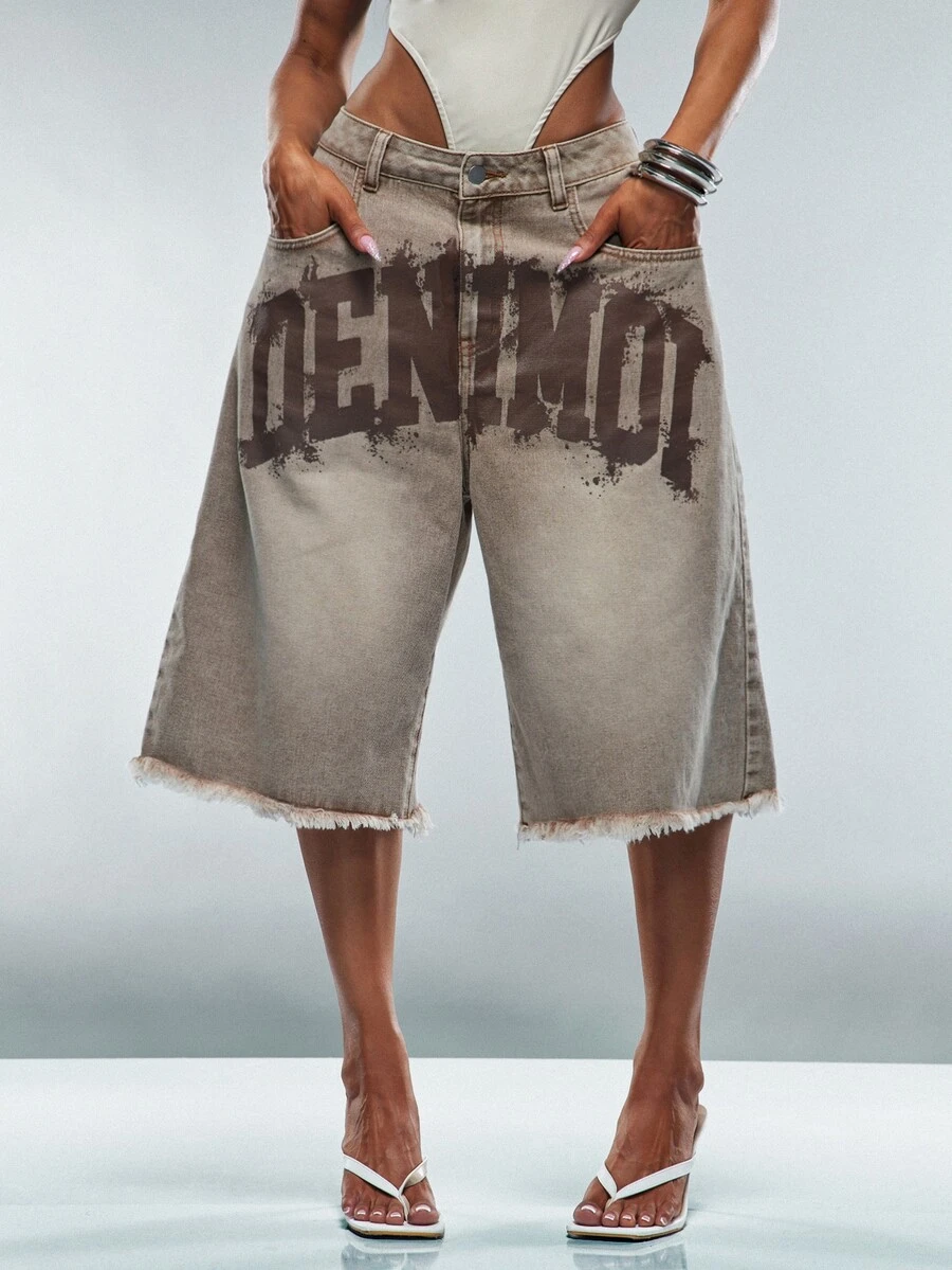 Denimoi Denim Verbiage Washed Jorts Fashionable Streetwear Fashion Jeans Concert Outfits Summer - Light Grey - View 1