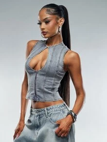 Denimoi Cut Out Zip Front Denim Top Sexy Streetwear Sleeveless Stretch Corset Top Club Night Out Grey Summer - Medium Wash - View 5