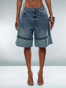 Denimoi Women's Casual Washed Wide Leg Denim Bermuda Shorts - Medium Wash - View 3