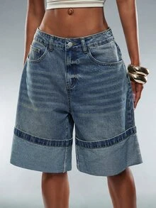 Denimoi Women's Casual Washed Wide Leg Denim Bermuda Shorts - Medium Wash - View 4