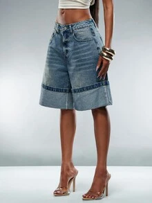 Denimoi Women's Casual Washed Wide Leg Denim Bermuda Shorts - Medium Wash - View 1