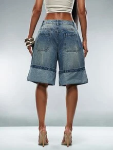Denimoi Women's Casual Washed Wide Leg Denim Bermuda Shorts - Medium Wash - View 5