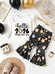 2pcs/Set Baby Girl Outfit,Cute Black And White Firework & Letter Print Long Sleeve Ruffled Bodysuit And Flared Pants Set,New Year Party Autumn Outfit - Multicolor - View 3
