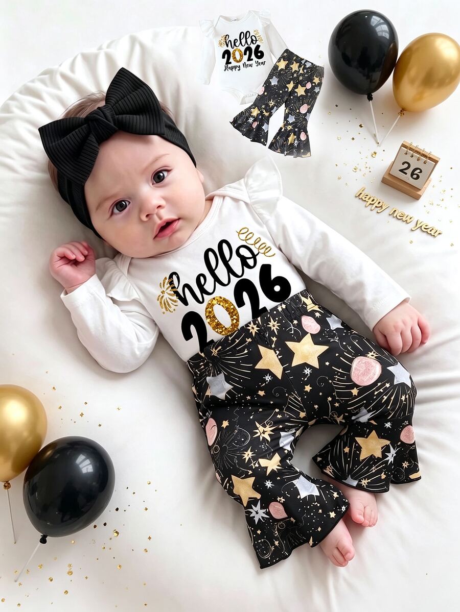 2pcs/Set Baby Girl Outfit,Cute Black And White Firework & Letter Print Long Sleeve Ruffled Bodysuit And Flared Pants Set,New Year Party Autumn Outfit - Multicolor - View 1