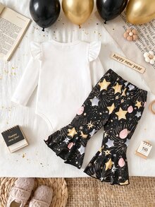 2pcs/Set Baby Girl Outfit,Cute Black And White Firework & Letter Print Long Sleeve Ruffled Bodysuit And Flared Pants Set,New Year Party Autumn Outfit - Multicolor - View 2
