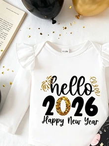 2pcs/Set Baby Girl Outfit,Cute Black And White Firework & Letter Print Long Sleeve Ruffled Bodysuit And Flared Pants Set,New Year Party Autumn Outfit - Multicolor - View 4