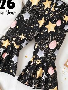 2pcs/Set Baby Girl Outfit,Cute Black And White Firework & Letter Print Long Sleeve Ruffled Bodysuit And Flared Pants Set,New Year Party Autumn Outfit - Multicolor - View 5