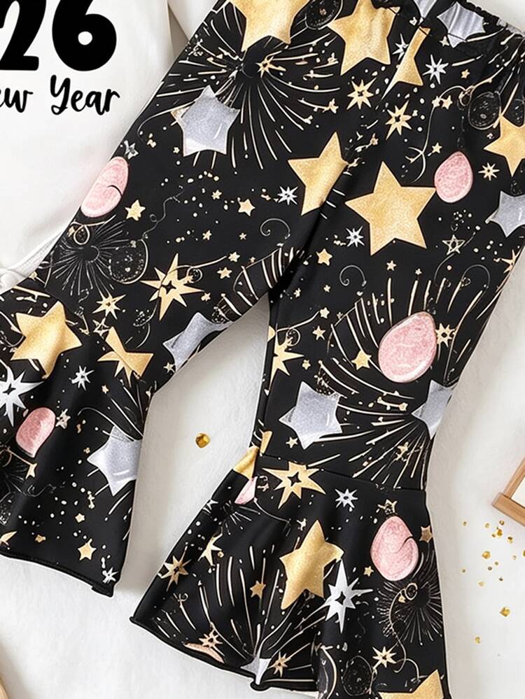 Baby Girls Clothes Happy New Year 2026 Flutter Sleeve Romper And Flare Pants Set Star Firework Print Jumpsuit Bell Bottoms 2Pcs Outfit - Multicolor - View 5