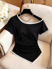 SHEIN Clasi Plus Size Women's Minimalist Sexy Traditional Knit Black And White Contrast Color Going Out Night Summer - Black - View 9