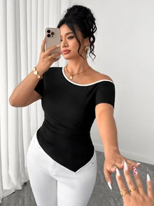 SHEIN Clasi Plus Size Women's Minimalist Sexy Traditional Knit Black And White Contrast Color Going Out Night Summer - Black - View 3