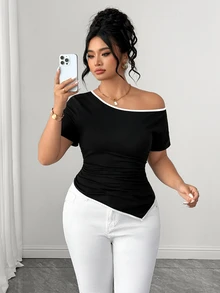 SHEIN Clasi Plus Size Women's Minimalist Sexy Traditional Knit Black And White Contrast Color Going Out Night Summer - Black - View 5
