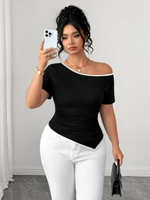 SHEIN Clasi Plus Size Women's Minimalist Sexy Traditional Knit Black And White Contrast Color Going Out Night Summer - Black - View 7