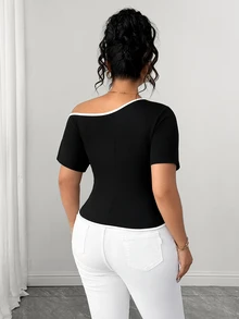 SHEIN Clasi Plus Size Women's Minimalist Sexy Traditional Knit Black And White Contrast Color Going Out Night Summer - Black - View 4