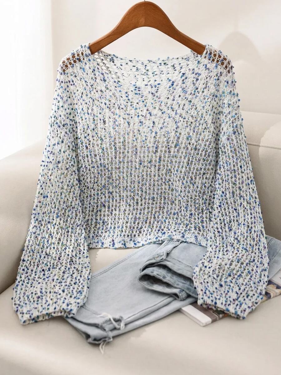 CosyJoli Plus Size Colorful Polka Dot Hollow Round Neck Long Sleeve Pullover Sweater Fall - Multicolor - View 1