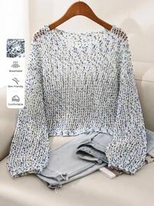 CosyJoli Plus Size Colorful Polka Dot Hollow Round Neck Long Sleeve Pullover Sweater Fall - Multicolor - View 7