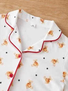 女童睡衣套裝，青少年女孩杏色可愛熊與星星印花長褲長袖休閒兩件套家居服，秋冬節慶穿搭 - 白色 - 查看 6