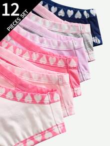 Sparklyn 6件組青少年女孩軟棉內衣，包含休閒可愛日系風上衣、四角內褲，深紫色、嬰兒粉、海軍藍、粉色、白色愛心圖案，冬季款 - 彩色 - 查看 4