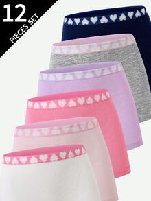 Sparklyn 6件組青少年女孩軟棉內衣，包含休閒可愛日系風上衣、四角內褲，深紫色、嬰兒粉、海軍藍、粉色、白色愛心圖案，冬季款 - 彩色 - 查看 5