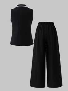 SHEIN Big Girls Outfit, Contrast Color Lapel Sleeveless Tank Top Paired With Casual Versatile Long Pants, Suitable For Commuting, Outings, Casual Fashion, Summer - Black - View 2