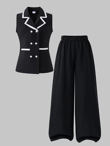 SHEIN Big Girls Outfit, Contrast Color Lapel Sleeveless Tank Top Paired With Casual Versatile Long Pants, Suitable For Commuting, Outings, Casual Fashion, Summer - Black - View 8