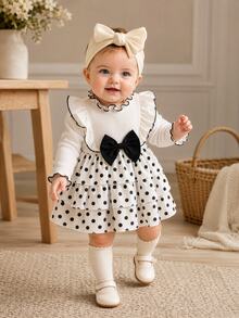 SHEIN Girls (Small) Knitted Ribbed White Ruffle Lace Patchwork Waist Corduroy Embroidered Dress, Sweet And Cute Casual Spring Dress For Kids - Black and White - View 3
