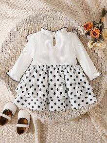 SHEIN Girls (Small) Knitted Ribbed White Ruffle Lace Patchwork Waist Corduroy Embroidered Dress, Sweet And Cute Casual Spring Dress For Kids - Black and White - View 4