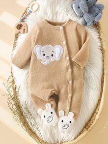 SHEIN 新款灰色可愛大象刺繡長袖連身衣，男女嬰兒適用 - 卡其色 - 查看 6