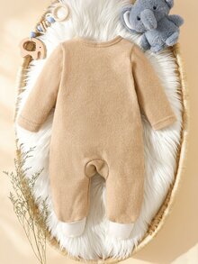 SHEIN 新款灰色可愛大象刺繡長袖連身衣，男女嬰兒適用 - 卡其色 - 查看 2