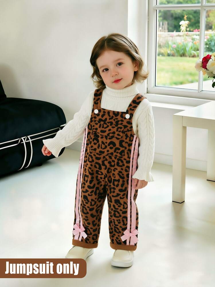 SHEIN Playful Pals Baby Girls Casual Denim Look Overalls, Leopard Print With Bow Decor, Loose Straight Leg Fit, Soft Comfortable, Daily Casual Wear - Brown - View 6