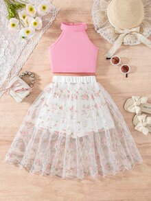 SHEIN Elladie kids 2件組女孩甜美風掛脖網紗刺繡套裝，溫柔仙氣夢幻春夏季造型，粉色掛脖短版背心採用柔軟親膚針織面料，彈性佳且貼身修身，白色網紗刺繡掛脖無袖長裙搭配滿版粉色花葉刺繡圖案與上衣呼應，波浪裙襬輕盈搖曳，仙女風度假百搭海灘套裝 - 粉色 - 查看 4