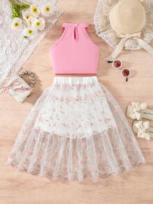 SHEIN Elladie kids 2件組女孩甜美風掛脖網紗刺繡套裝，溫柔仙氣夢幻春夏季造型，粉色掛脖短版背心採用柔軟親膚針織面料，彈性佳且貼身修身，白色網紗刺繡掛脖無袖長裙搭配滿版粉色花葉刺繡圖案與上衣呼應，波浪裙襬輕盈搖曳，仙女風度假百搭海灘套裝 - 粉色 - 查看 3