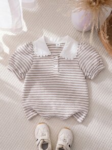 Genkimix Kids 女童夏季時尚優雅短袖T恤上衣，設計款彼得潘領與泡泡袖 - 粉色 - 查看 3
