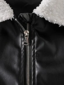 SHEIN Vacaura جاكيت جلد صناعي بأكمام طويلة وياقة عريضة وألوان متباينة مع سحاب أمامي للأولاد الصغار - الأسود - مشاهدة 4