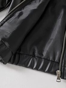 SHEIN Vacaura جاكيت جلد صناعي بأكمام طويلة وياقة عريضة وألوان متباينة مع سحاب أمامي للأولاد الصغار - الأسود - مشاهدة 5