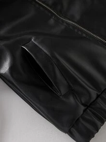 SHEIN Vacaura جاكيت جلد صناعي بأكمام طويلة وياقة عريضة وألوان متباينة مع سحاب أمامي للأولاد الصغار - الأسود - مشاهدة 6
