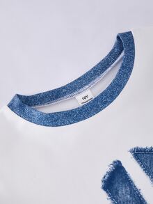 SHEIN Coolqubz 2件組青少年男孩牛仔效果運動衫套裝，胸前藍色圖案印花，酷炫街頭風，適合秋冬、學校、外出穿搭 - 藍白色 - 查看 5