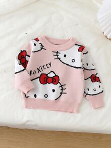 HELLO KITTY AND FRIENDS | SHEIN GraphicGems 女嬰圓領 3D 毛巾刺繡針織套頭毛衣，柔軟舒適，滿版提花印花，秋冬款簡約可愛優雅時尚長袖紅色上衣，適合旅行、外出、派對、戶外玩耍、野餐 - 彩色 - 查看 4