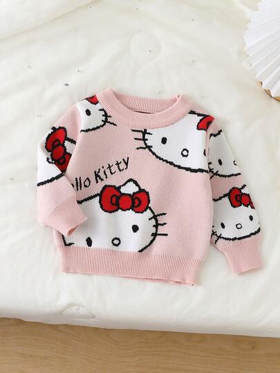 HELLO KITTY AND FRIENDS | SHEIN GraphicGems 女嬰圓領 3D 毛巾刺繡針織套頭毛衣，柔軟舒適，滿版提花印花，秋冬款簡約可愛優雅時尚長袖紅色上衣，適合旅行、外出、派對、戶外玩耍、野餐