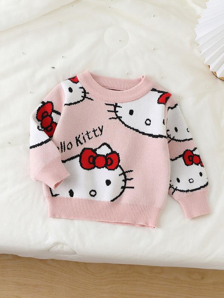 HELLO KITTY AND FRIENDS | SHEIN GraphicGems كنزة صوفية للبنات الرضع برقبة مستديرة وتطريز منشفة ثلاثي الأبعاد، كنزة محبوكة ناعمة ومريحة بطبعة جاكار شاملة، مناسبة للخريف والشتاء، بسيطة وجميلة وأنيقة وعصرية، بأكمام طويلة، بلون أحمر، مناسبة للسفر والخروج والحفلات واللعب في الهواء الطلق والنزهات - متعدد الألوان - مشاهدة 3