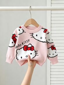 HELLO KITTY AND FRIENDS | SHEIN GraphicGems 女嬰圓領 3D 毛巾刺繡針織套頭毛衣，柔軟舒適，滿版提花印花，秋冬款簡約可愛優雅時尚長袖紅色上衣，適合旅行、外出、派對、戶外玩耍、野餐 - 彩色 - 查看 2