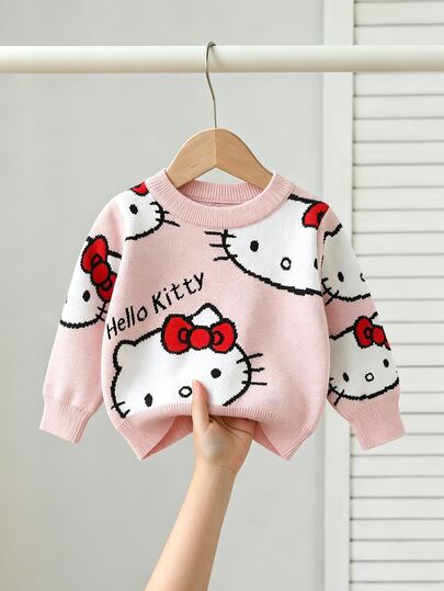 HELLO KITTY AND FRIENDS | SHEIN GraphicGems 女嬰圓領 3D 毛巾刺繡針織套頭毛衣，柔軟舒適，滿版提花印花，秋冬款簡約可愛優雅時尚長袖紅色上衣，適合旅行、外出、派對、戶外玩耍、野餐