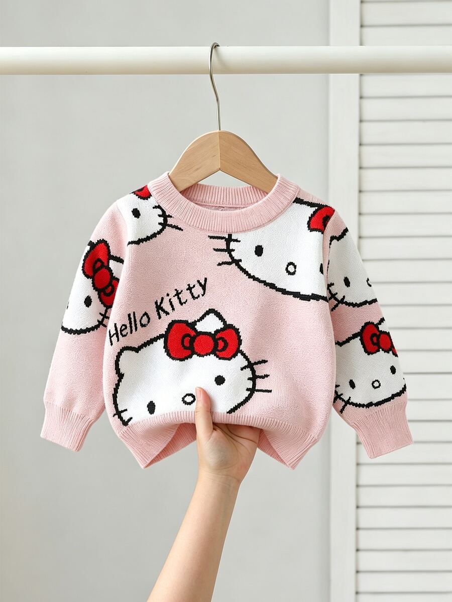 HELLO KITTY AND FRIENDS | SHEIN GraphicGems 女嬰圓領 3D 毛巾刺繡針織套頭毛衣，柔軟舒適，滿版提花印花，秋冬款簡約可愛優雅時尚長袖紅色上衣，適合旅行、外出、派對、戶外玩耍、野餐