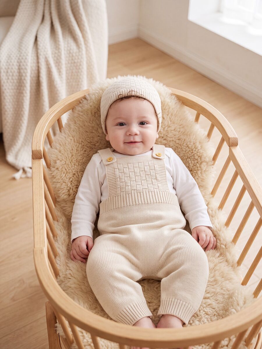 SHEIN Vintaside Kids 中性嬰兒綠色極簡休閒復古連帽吊帶毛衣連身衣 - 米色 - 查看 1