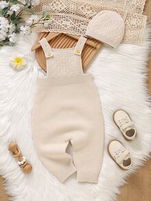 SHEIN Vintaside Kids 中性嬰兒綠色極簡休閒復古連帽吊帶毛衣連身衣 - 米色 - 查看 6