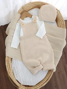 SHEIN Vintaside Kids 中性嬰兒綠色極簡休閒復古連帽吊帶毛衣連身衣 - 米色 - 查看 3