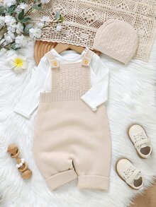SHEIN Vintaside Kids 中性嬰兒綠色極簡休閒復古連帽吊帶毛衣連身衣 - 米色 - 查看 8
