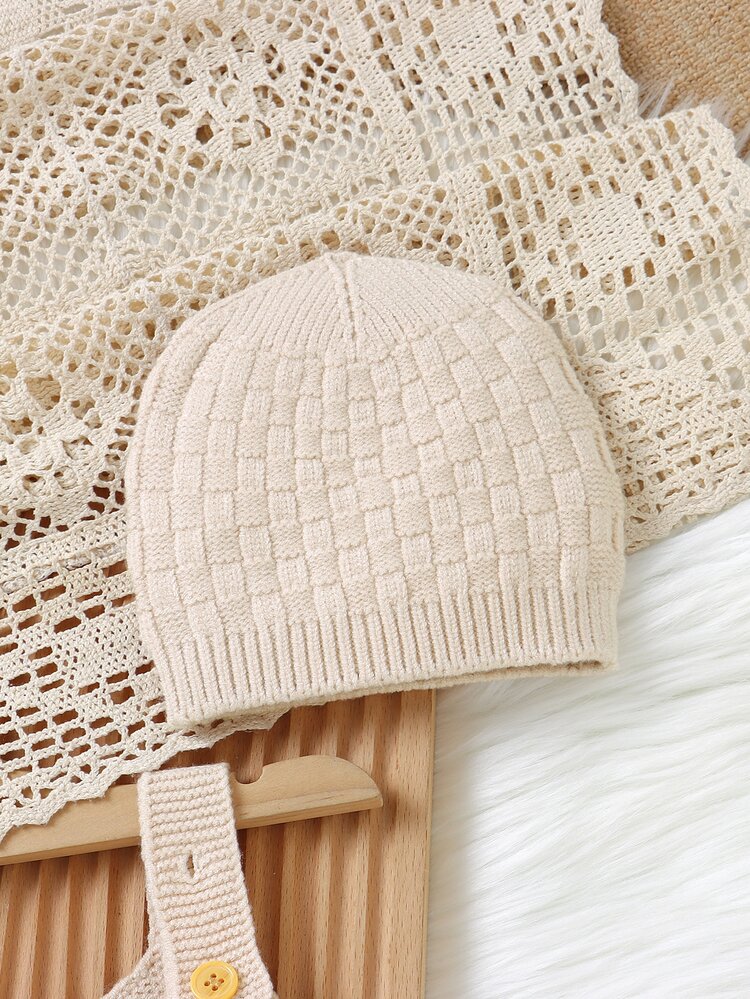 SHEIN Vintaside Kids Unisex Baby Green Minimalist Casual Retro Hooded Overall Sweater Romper - Beige - View 4