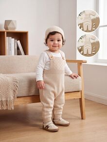 SHEIN Vintaside Kids 中性嬰兒綠色極簡休閒復古連帽吊帶毛衣連身衣 - 米色 - 查看 5