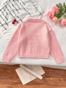 SHEIN 幼女秋冬粉色長袖刺繡麻花針織套頭毛衣，開學季舒適柔軟節慶聖誕穿搭 - 粉色 - 查看 2